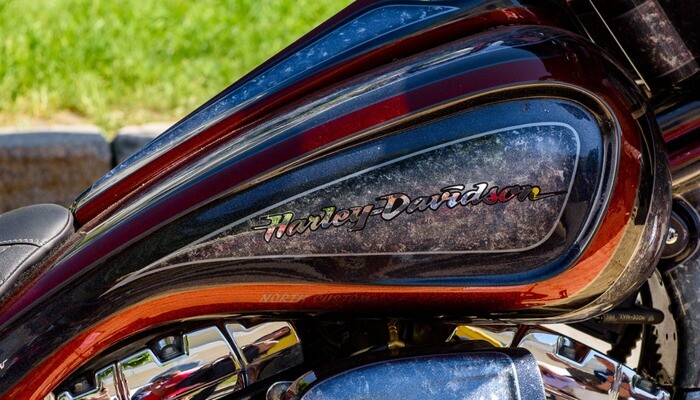 Close up of the fuel tank of a customised Harley-Davidson