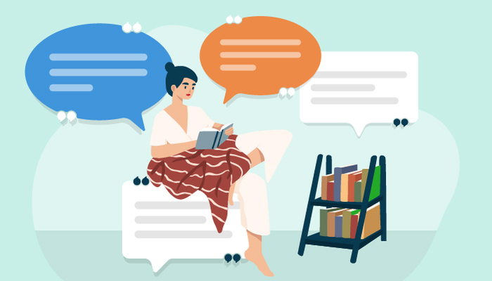 Illustration of a woman reading a book and surrounded by large speech bubbles