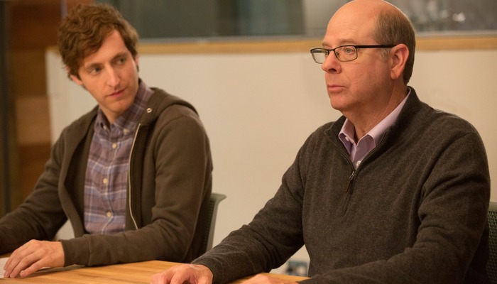 Richard Hendricks (Thomas Middleditch) and Jack Barker (Stephen Tobolowsky) in HBO's comedy-drama Silicon Valley