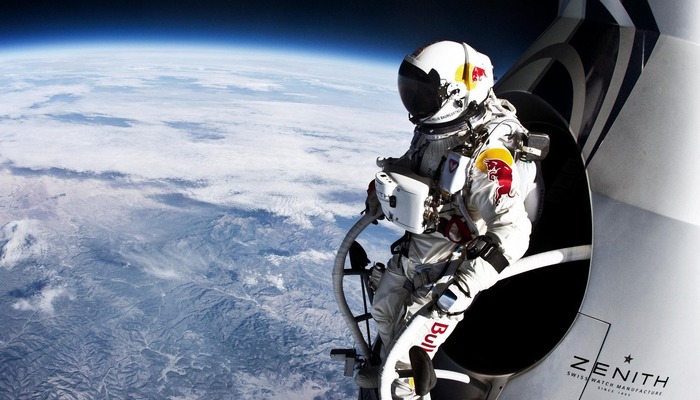 Felix Baumgartner taking part in a Red Bull marketing stunt