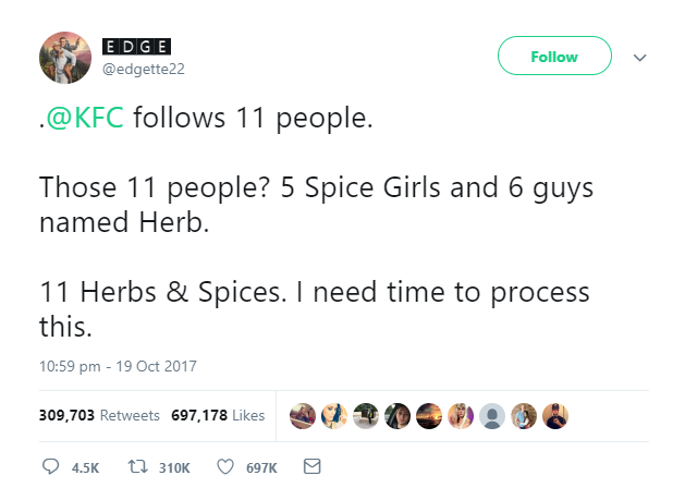 KFC 11 herbs and spices tweet